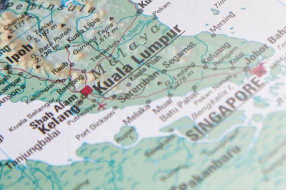 A regional map featuring the land from Ipoh, Malyasia though Kuala Lumpur and down to Singapore