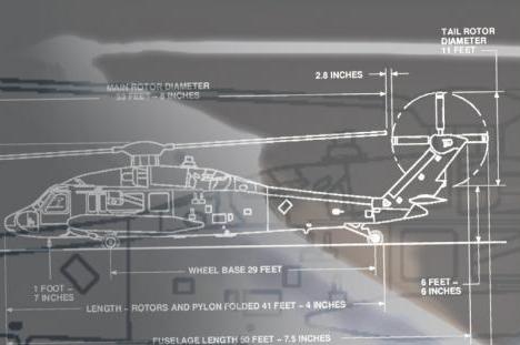 A schematic for a large helicopter indicating its dimensions