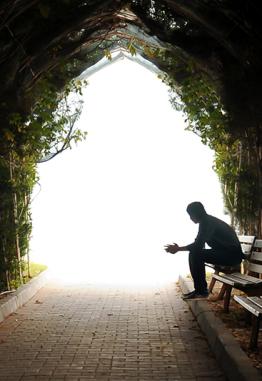 A person sits alone on a bench at the end of a dark stone tunnel. Ivy grows on the tunnel walls. The tunnel opens to a lighted area