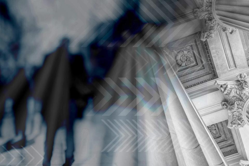 Silhouettes reflected onto a picture of the coffered ceiling of a courthouse, featuring elaborate Roman columns.