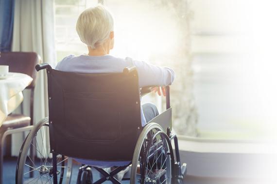 A woman in a wheelchair faces away from the camera and toward a window illuminated with sunshine