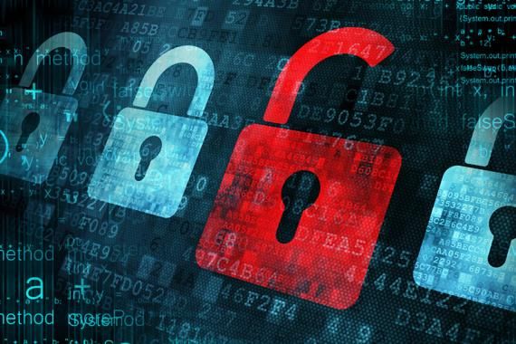 A graphic with blue padlocks and a large unlocked red padlock, overlaid and underlaid with glowing numbers and letters