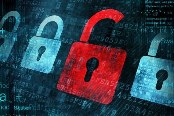 A graphic with blue padlocks and a large unlocked red padlock, overlaid and underlaid with glowing numbers and letters