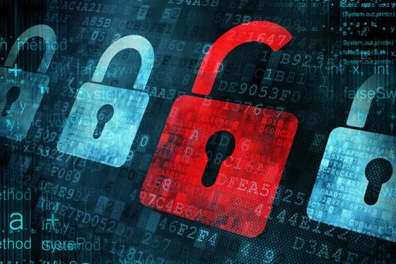 A graphic with blue padlocks and a large unlocked red padlock, overlaid and underlaid with glowing numbers and letters