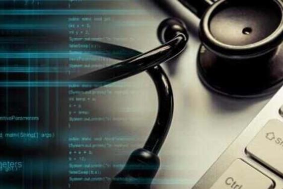 A graphic featuring a close-up of a stethoscope beside a computer keyboard, overlaid with glowing blue text