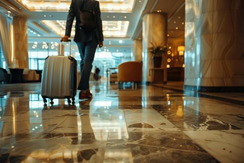 A stock image of a woman walking through a marble hotel lobby with a rolling suitcase and small black backpack.