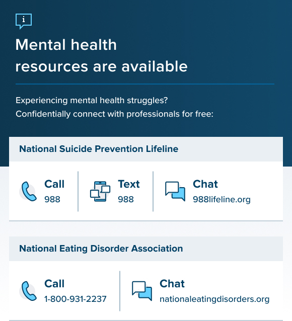 Image featuring phone and chat contact information to help people struggling with mental health issues, including contact information for the National Suicide Prevention Hotline and the National Eating Disorder Association.