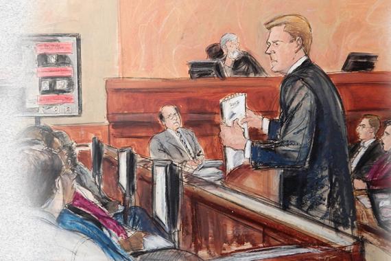A painting depicting a scene from a federal court trial. A lawyer presents evidence to a jury while a judge and others look on.
