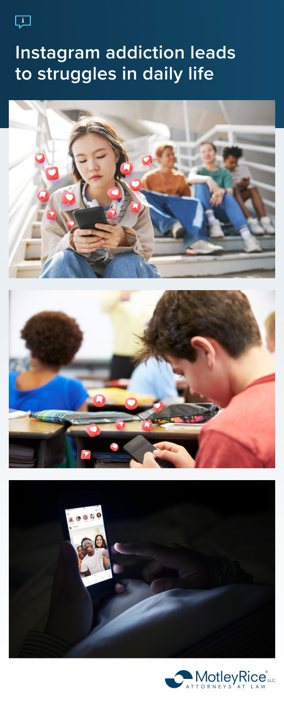Collage of three images of Instagram addiction impacting daily life, including a teen focusing on social media instead of her peers; a teen using social media instead of focusing on class, and a person scrolling through Instagram while lying in bed at night.
