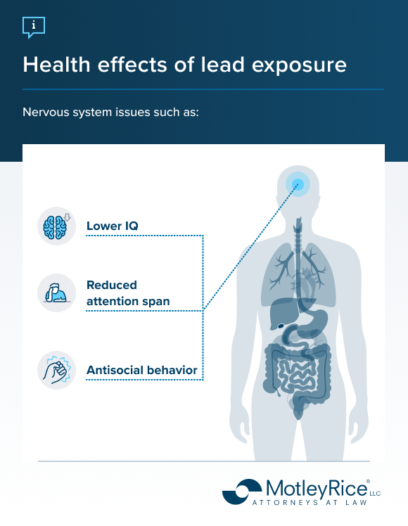 Illustrated human body with pulmonary and digestive systems shown on the right to outline health effects of cadmium exposure. Left side has labels for related symptoms: lower IQ, reduced attention span and antisocial behavior with accompanying icons.