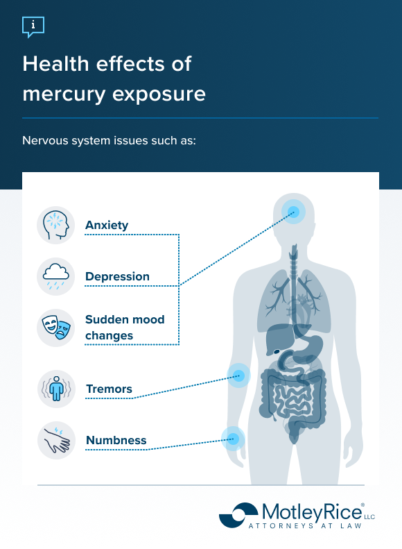 Illustrated human body with pulmonary and digestive systems shown on the right to outline health effects of mercury exposure. Left side has labels for related symptoms: anxiety, depression, sudden mood changes, tremors and numbness with accompanying icons.